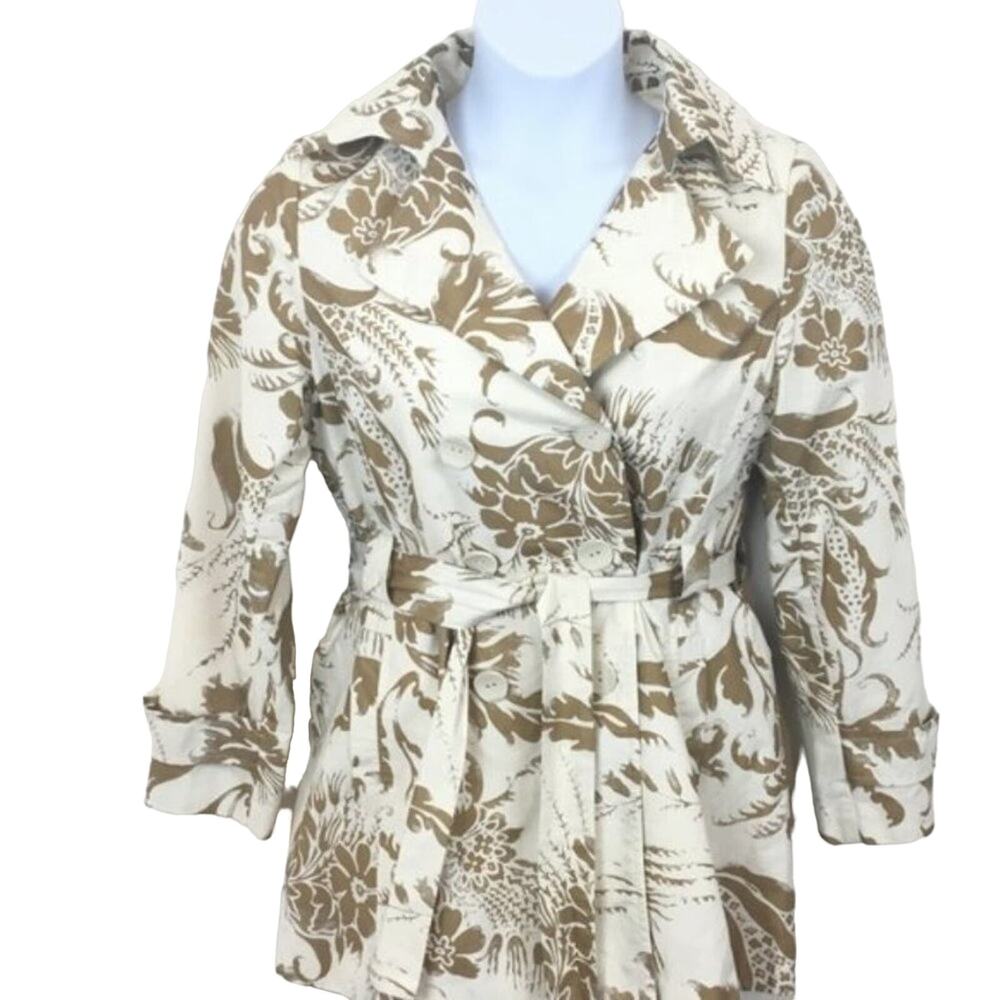 CAbi Trench Coat Short Cream and Gold Women's Linen Blend Wimbledon Floral sz M
